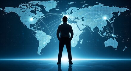 Businessman silhouette standing in front of digital world map with global connections, symbolizing international business, leadership, globalization, networking, and future technology