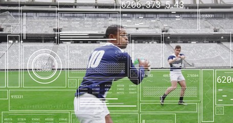 Athlete stepping forward gripping and releasing rugby ball to teammate catching in training stadium