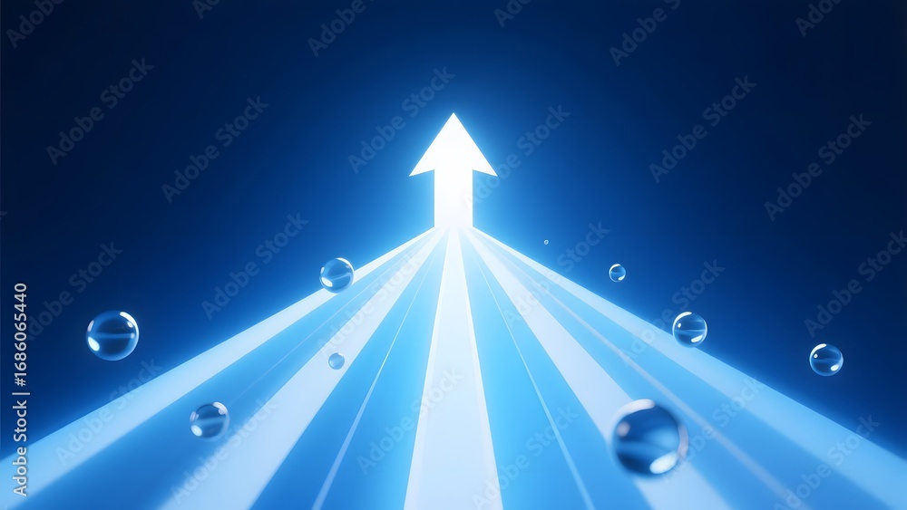 Poster radiant arrow leading upwards with illuminated path and floating spheres