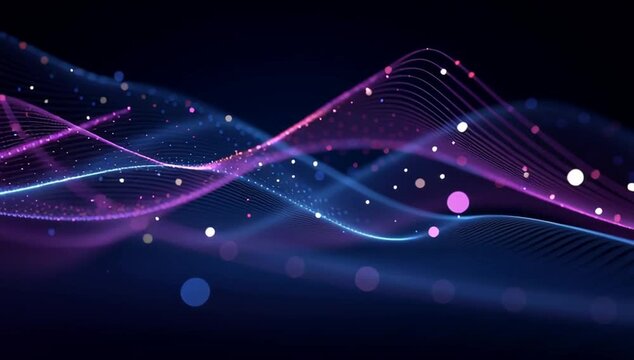 abstract background with blue and purple lines, dots, and waves of digital data flow in motion on a dark blue background, a concept for technology, the internet, network Generative AI