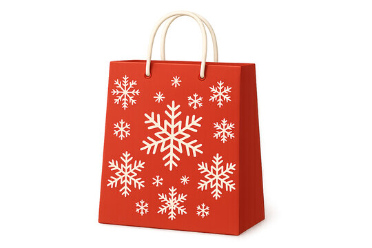 Sacola de compras vermelha festiva adornada com elegantes flocos de neve brancos, perfeita para presentes de fim de ano e promo&ccedil;&otilde;es sazonais