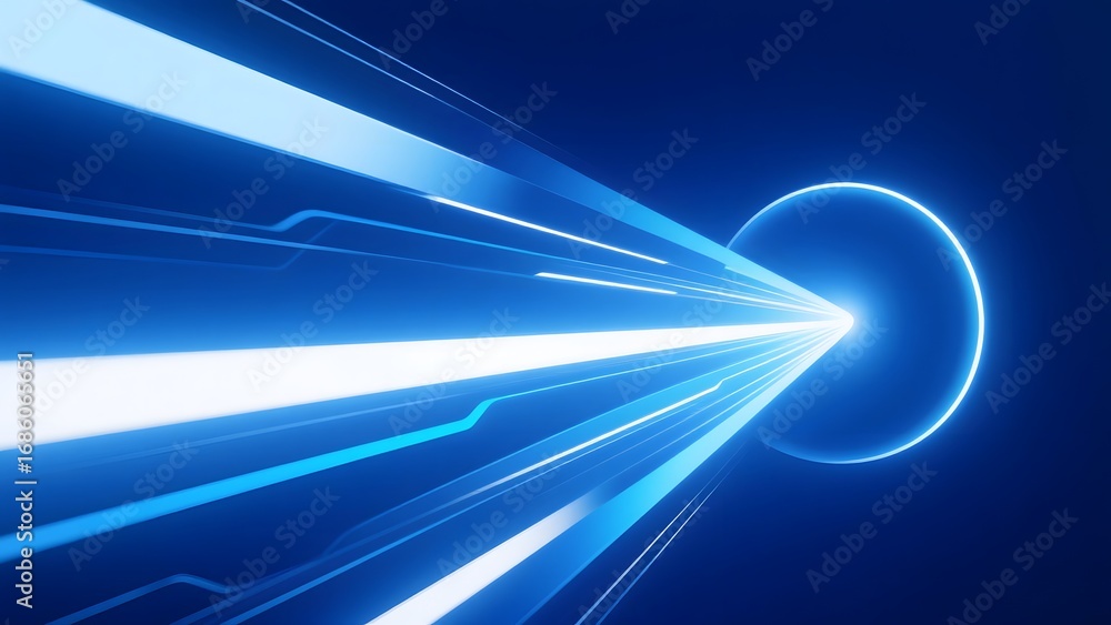 Poster dynamic blue light beams converging towards a circular frame