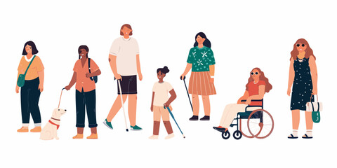 Obraz premium Diverse group of women with disabilities and a guide dog standing together