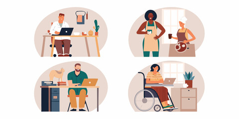 Diverse people working from home and in different professions including a doctor chefs and a veterinarian