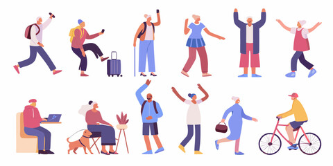 Diverse group of people engaged in various activities like traveling working and leisure on a white background