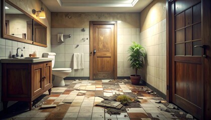 Obraz premium Abandoned Washroom with Messy Floor and Rustic Wooden Elements