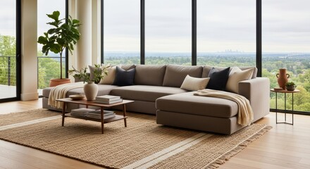 Modern Living Room with Neutral Sectional Sofa, Wood Furniture, Textured Rug, Floor-to-Ceiling software, and Panoramic City View, Bathed in Natural Light