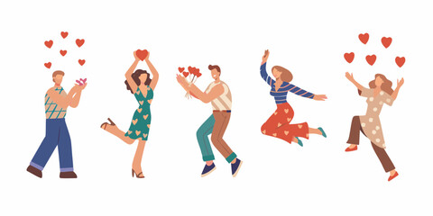 Diverse group of happy people celebrating with hearts and flowers in a joyful expressive dance