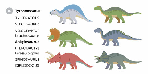 Collection of colorful cartoon dinosaurs with their names listed on the left side