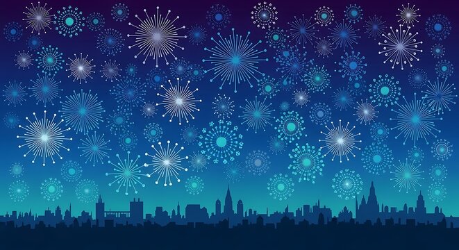 City skyline silhouette with fireworks and stars in the night sky