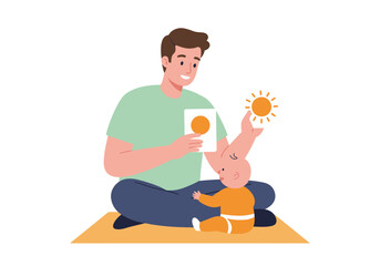 Man and baby play with sun cards, sharing joyful moments. Ideal for parenting blogs, articles, and promotional materials celebrating family bonds.