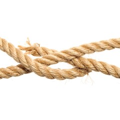 Fototapeta premium Two intertwined ropes, frayed ends, light beige color, isolated on white