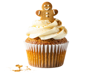 Gingerbread Cupcake with Spiced Frosting and Cookie Topper, Diagonal Angle, Transparent PNG