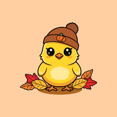 Cute Autumn Chick Wearing Pumpkin Beanie Surrounded by Fall Leaves.