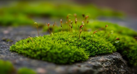 Closeup of green moss on a rock featuring small stems with spore capsules some topped with water droplets