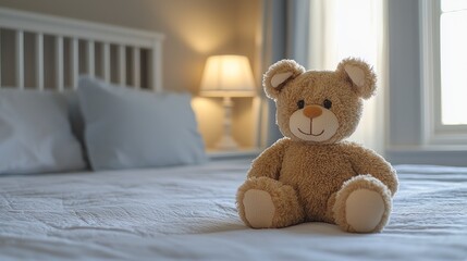 Teddy bear sits on a bed in a child's room