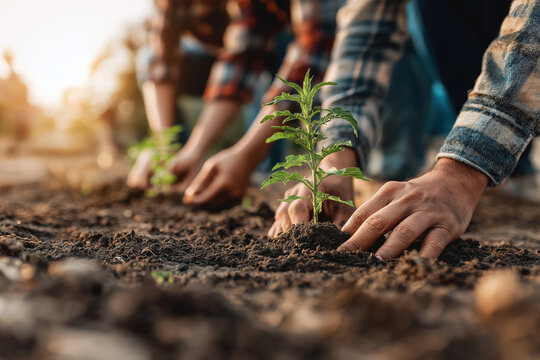 Gardening enthusiasts planting seedlings in soil during sunset in rural community garden