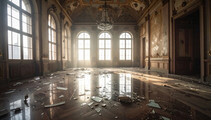 Fototapeta premium Abandoned Grand Hall with Dust and Debris in Natural Light