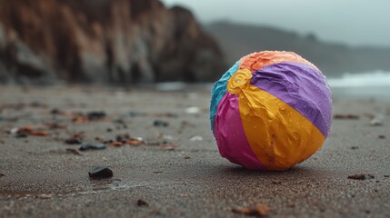 Colorful beach ball on sandy beach with water droplets