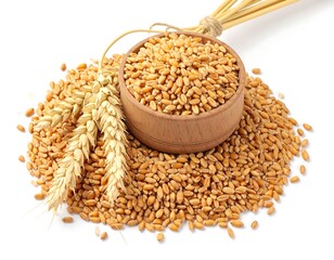 Wheat grains in a wooden bowl with wheat stalks