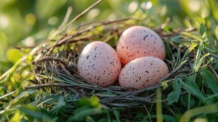 Three speckled pink eggs nestled in a twig nest, surrounded by green grass