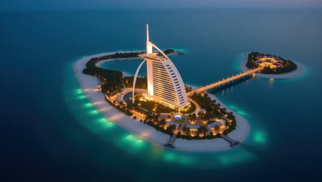 A breathtaking aerial view of a luxurious artificial island resort at twilight, illuminated by vibrant lights, showcasing a stunning hotel and connecting bridges. - Powered by Adobe