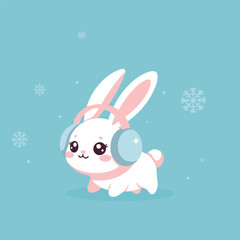 Cute Winter Bunny with Earmuffs in Snow.