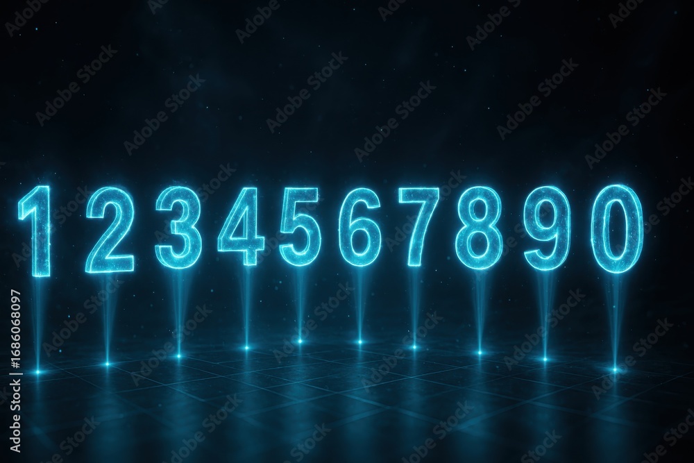 Poster futuristic neon number display, glowing digit symbols on a dark grid surface concept