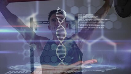 Male athlete steadying barbell and pressing overhead activating pulsing DNA helix in fitness tech - Powered by Adobe