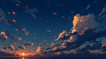 Sunset over ocean with flying fish and starry sky illustration