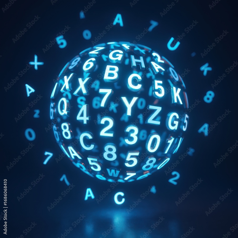 Poster abstract glowing sphere of letters and numbers against a dark background design