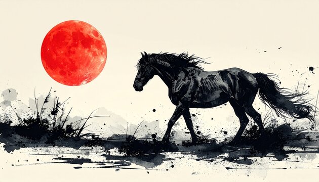 日の丸を掲げた年賀状で使える馬の背景