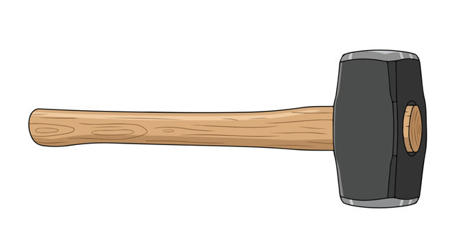 Cartoon style sledgehammer illustration with wooden handle and black metal head tool for building demolition and construction applications