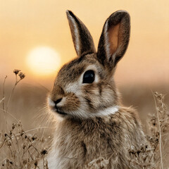 Fototapeta premium A lone rabbit sits serenely amidst a sun-drenched meadow.