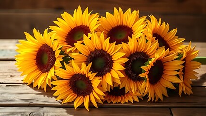 Sunflowers on a rustic wooden surface with warm golden tones and a softly blurred background.