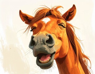 面白い顔をしている茶色い馬のアップ