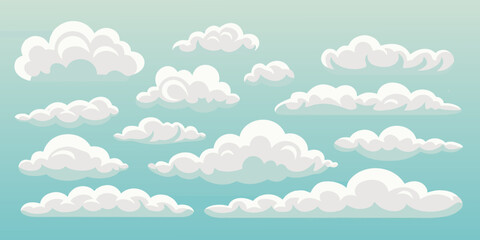 Collection of stylized fluffy white cartoon clouds scattered across a light blue sky background