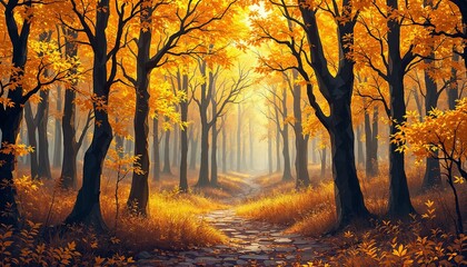 Fototapeta premium Surreal forest of golden geometric trees, polygon style, glowing autumn tones