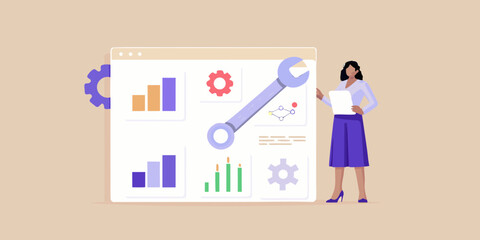 Business analytics dashboard with a wrench and a woman reviewing data and charts