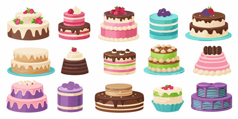 Collection of fifteen colorful and decorative cakes with various toppings and designs