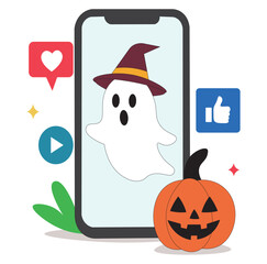 Halloween Social Media Illustration with Ghost, Pumpkin, and Smartphone Vector. Spooky Social Media Campaign Vector Halloween Ghost, Pumpkin, and Online Engagement Icons.