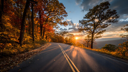 Fototapeta premium Scenic autumn road trip during golden hour, asphalt pathway lined with vibrant fall foliage under a dramatic sunset sky.