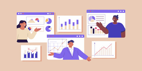 Diverse team presenting financial data and business growth charts on digital screens