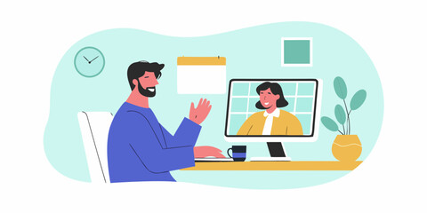 Man and woman having a video call conversation while working remotely from home office