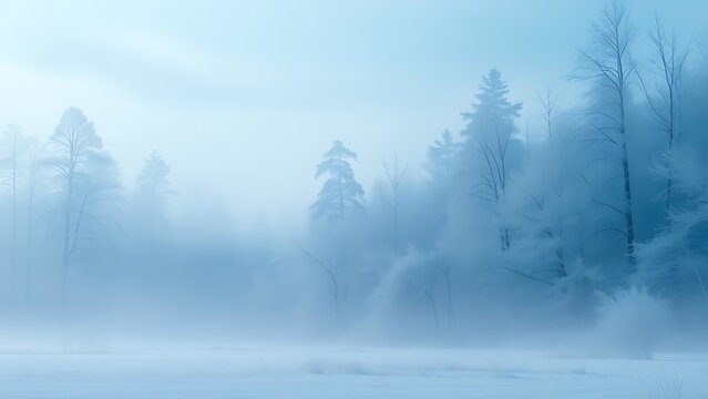Misty winter forest with frozen trees and soft fog layers, evoking a serene atmosphere.