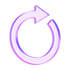 3D glassmorphism single circular arrow in purple gradient. Clean glossy symbol representing turn, rotation, and modern digital design.