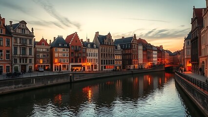Fototapeta premium Historic European canal at dusk with golden reflections on the water.