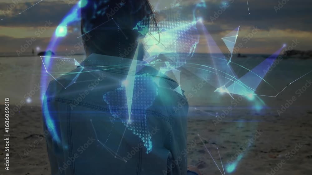 Poster woman sitting on beach activating geometric nodes to visualize rotating globe network in technology