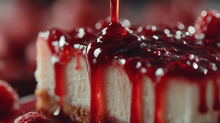 Raspberry cheesecake slice with pouring red sauce close-up