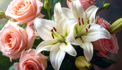 Obraz premium Elegant Bouquet of Pink Roses and White Lilies in Soft Lighting